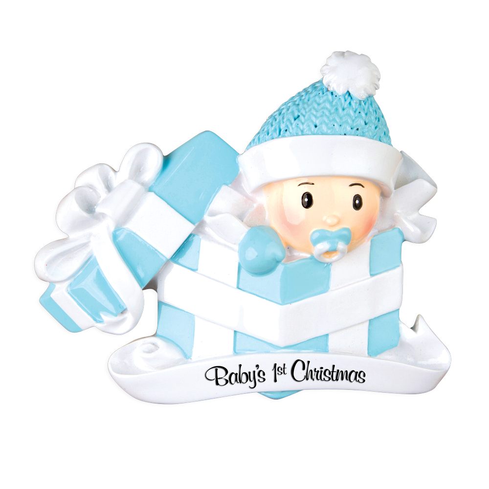 OR1330-B - Baby Boy in Present Personalised Christmas Decoration