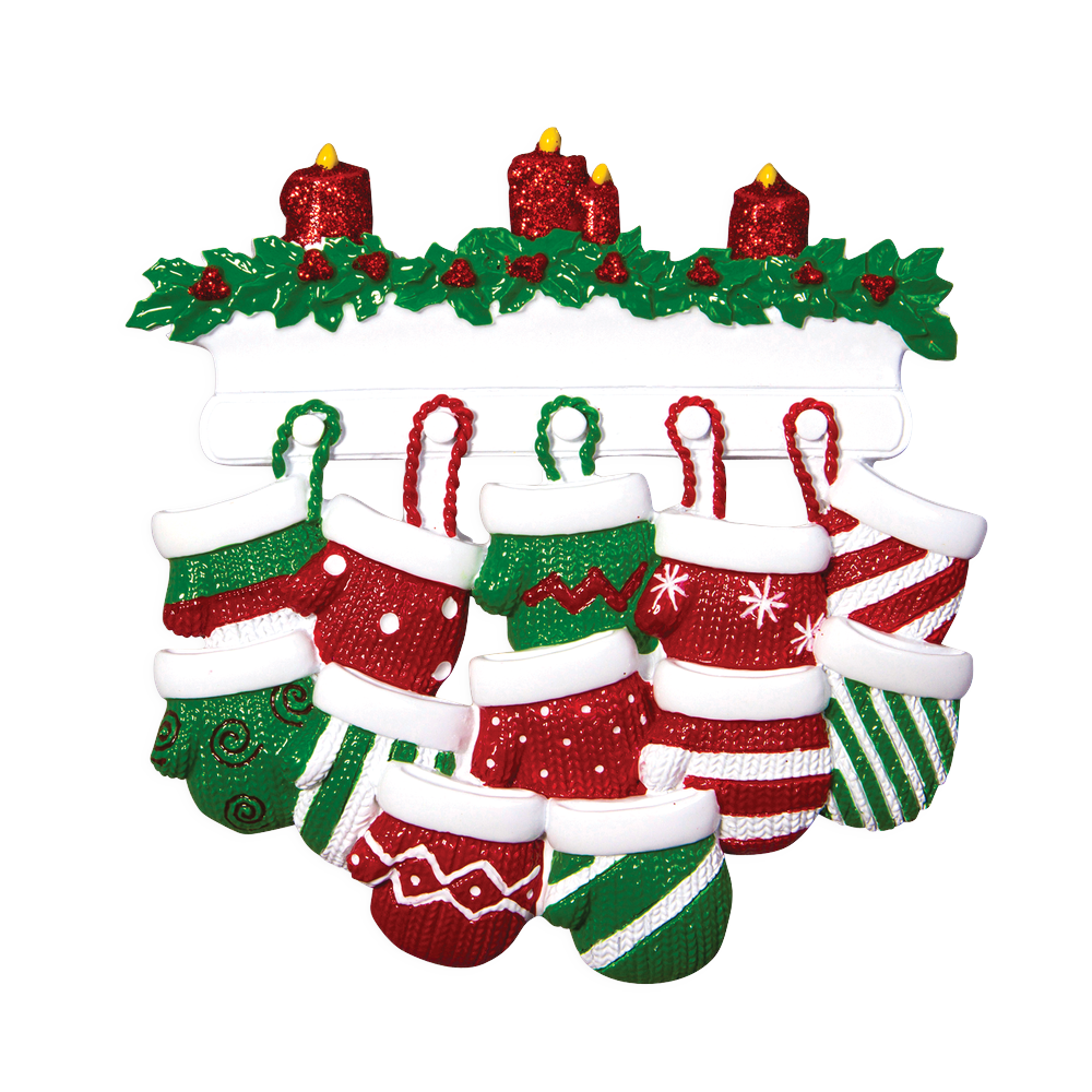 OR1570-12 - Red & Green Mitten Family of 12 Personalised Christmas Decoration