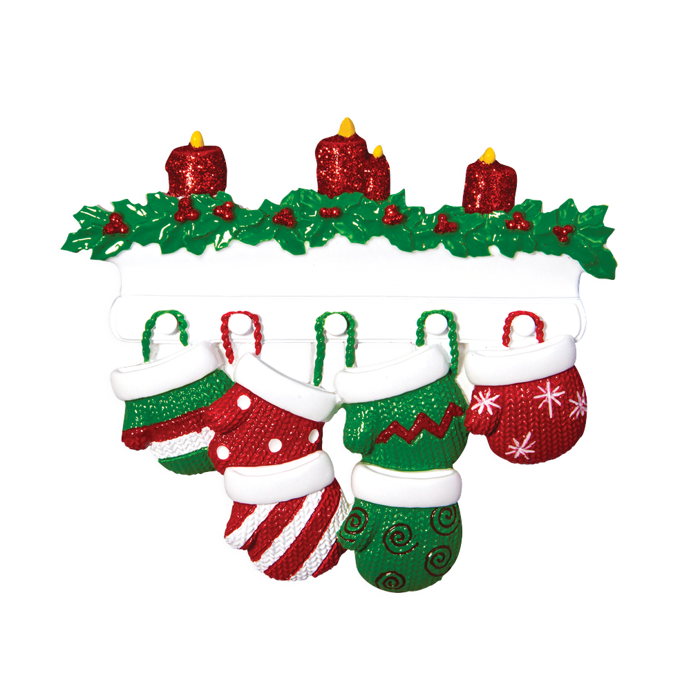 OR1570-6 - Red & Green Mitten Family of 6 Personalised Christmas Decoration