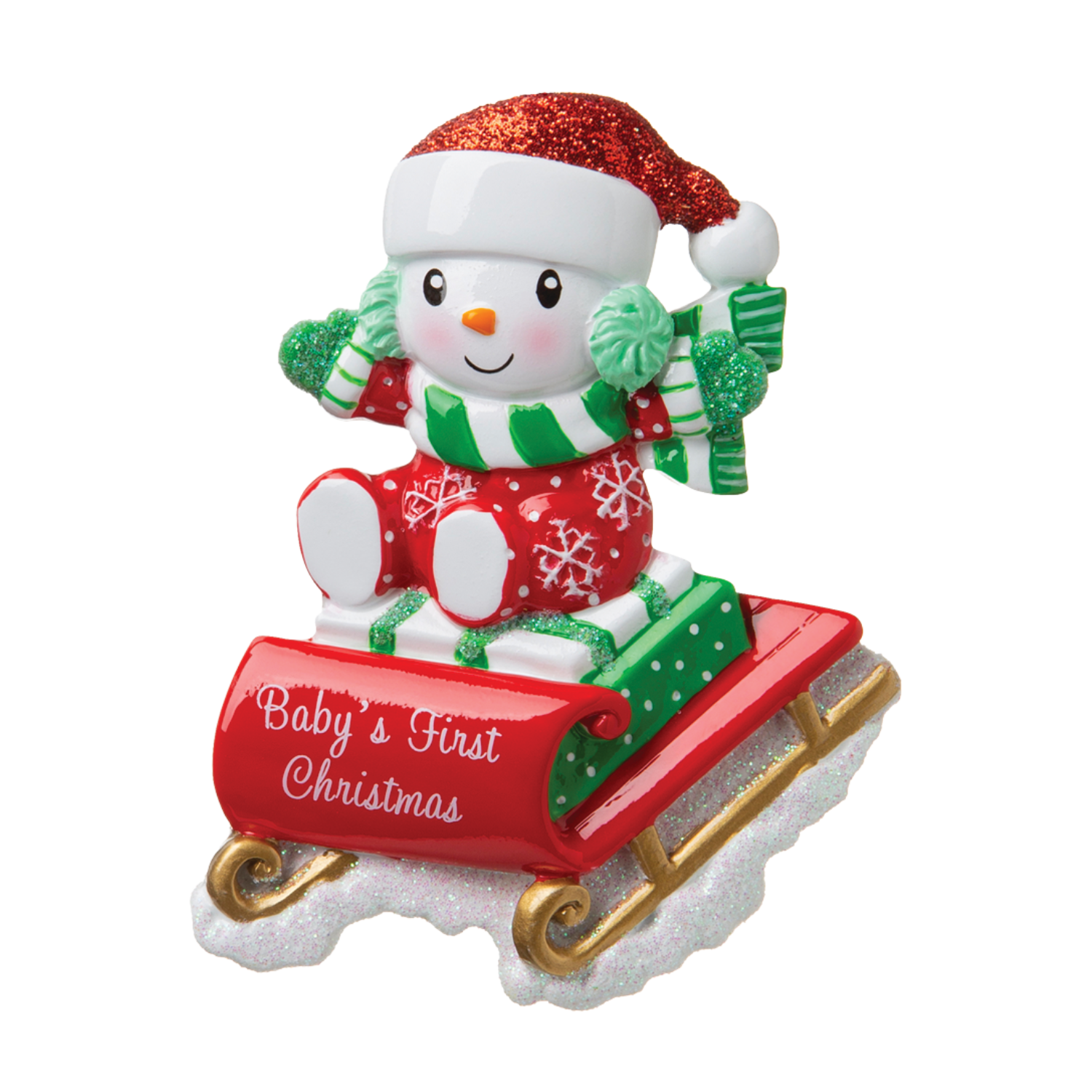 OR1742-RG - Snowbaby On Sled (Red & Green) Personalised Christmas Decoration