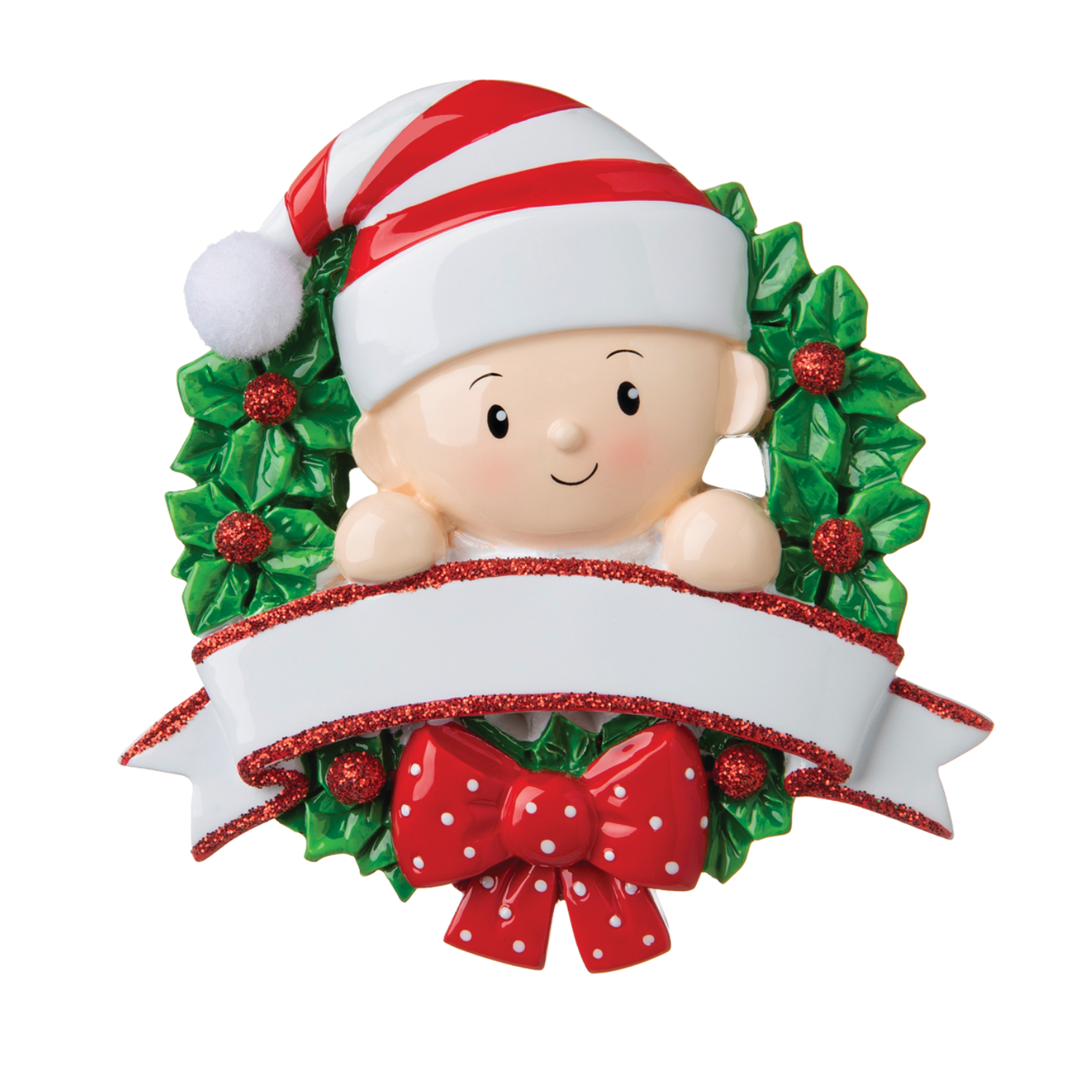 OR1746-RG - Baby in A Wreath (Red & Green) Personalised Christmas Decoration