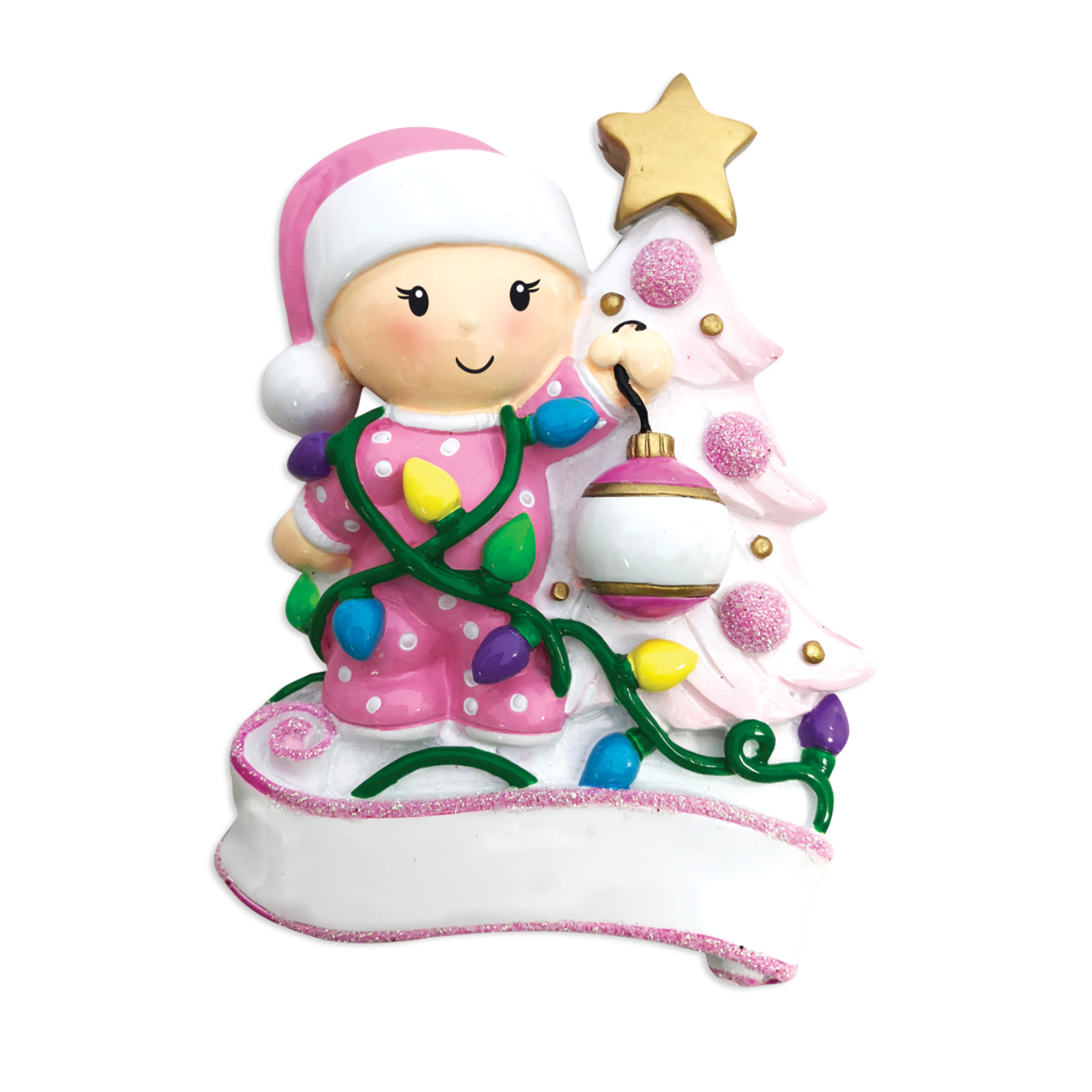 OR1847-P - Baby Decorating A Tree (Pink) Personalised Christmas Decoration