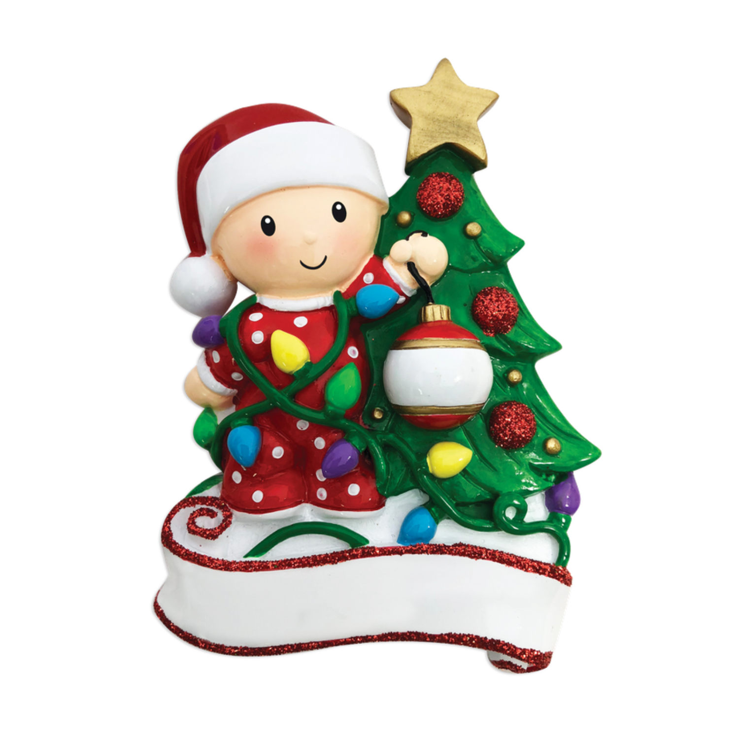 OR1847-RG - Baby Decorating A Tree (Red & Green) Personalised Christmas Decoration