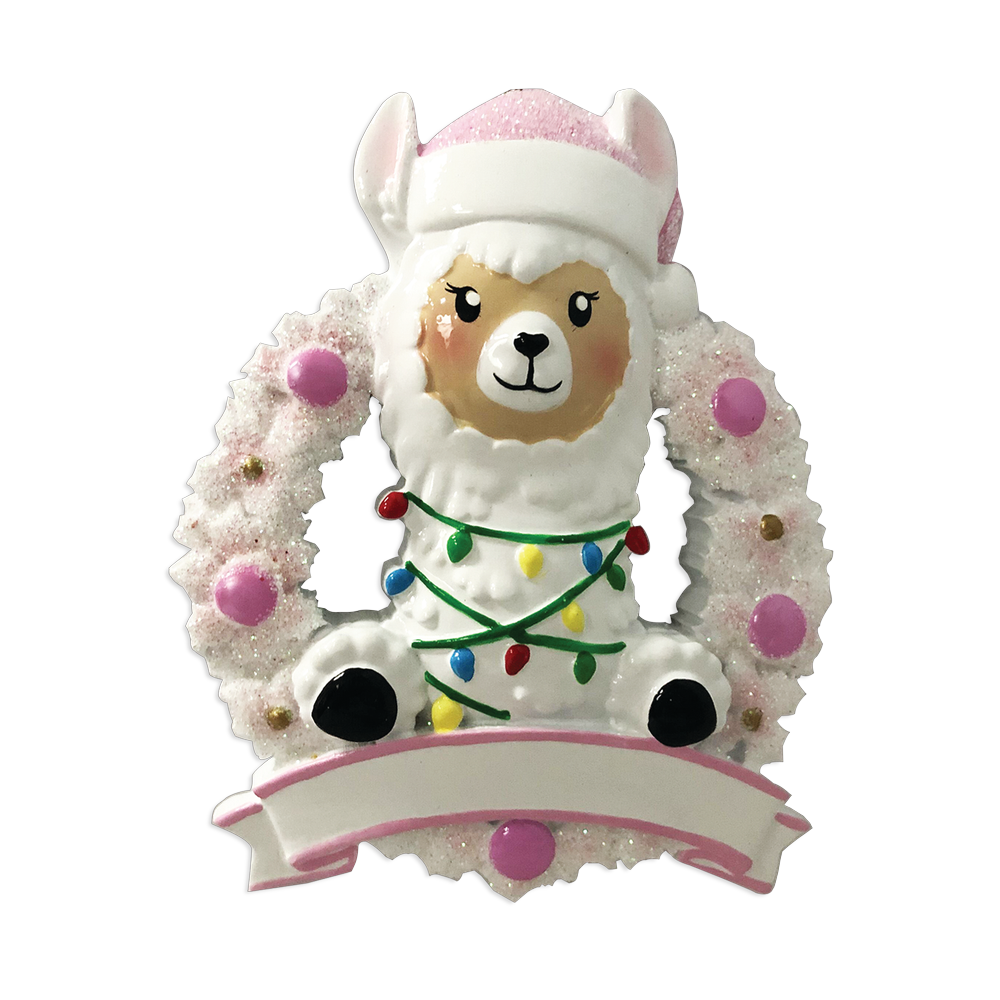 OR1903-P - Llama in Wreath (Pink) Personalised Christmas Decoration