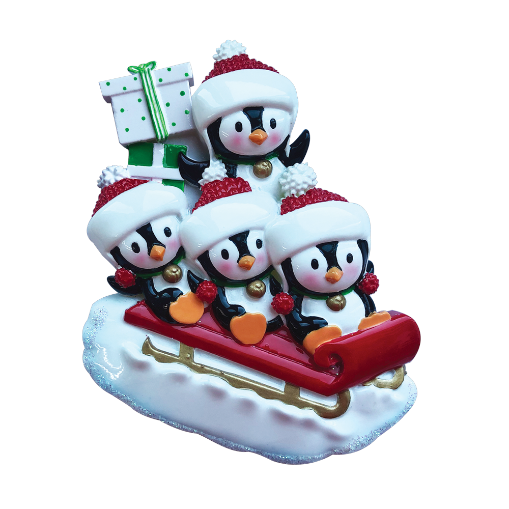 OR1915-4 - Penguin Family of 4 On Sled Personalised Christmas Decoration