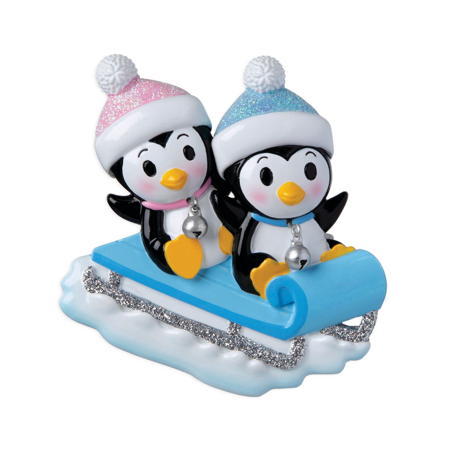 OR1915-A - Twins On Sled (4 Blue/Blue, 4 Pink/Blue, 4 Pink/Pink) Personalised Christmas Decoration