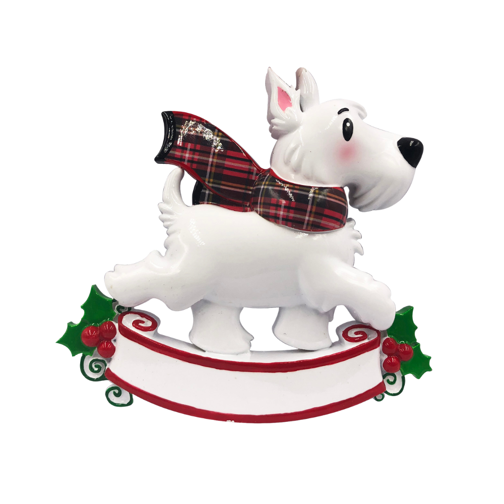 OR2210-WHT - Westie Dog W/Tartan Scarf (All White ) Personalised Christmas Decoration