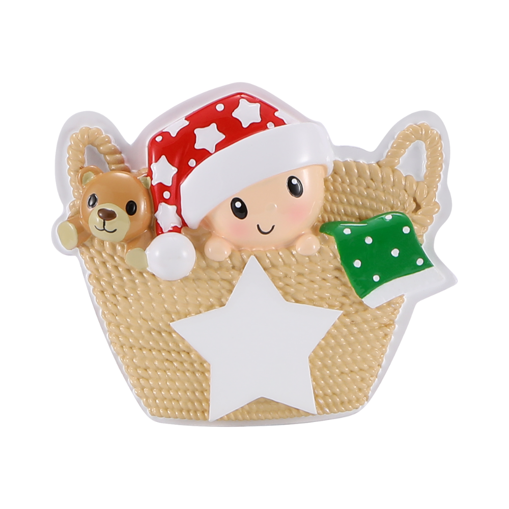 OR2487-RG - Baby in Basket (Red & Green) Personalised Christmas Decoration