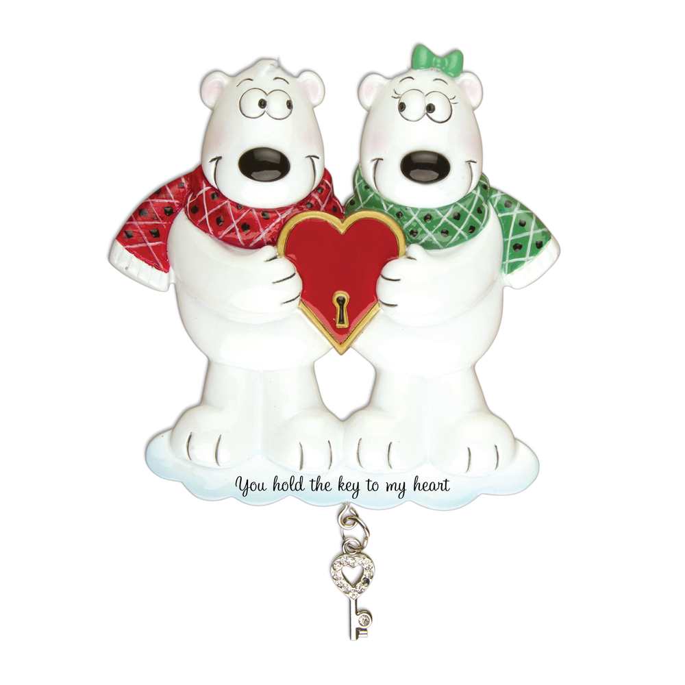 OR905 - Couples Key To My Heart Polar Bear Personalised Christmas Decorations