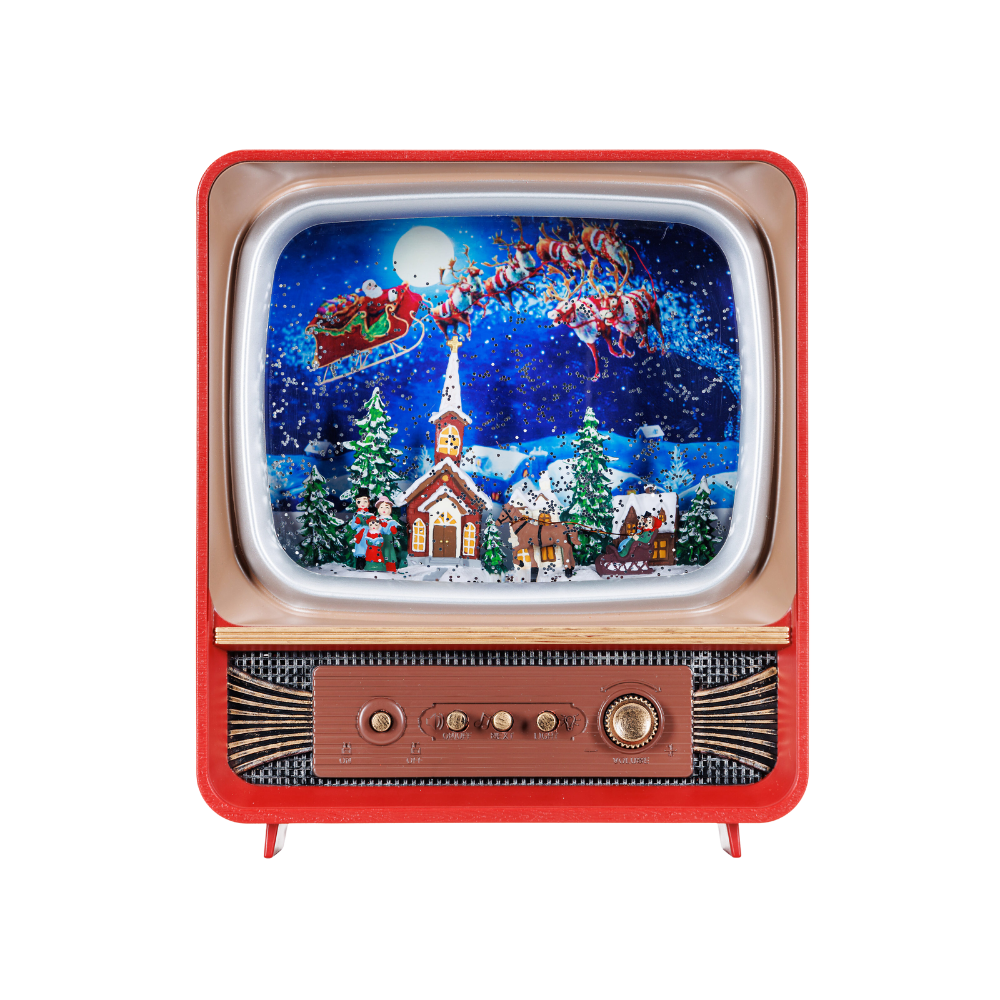 SG21016 - 10"H LED Flying Santa & Carolers Plastic Water Globe TV Glitter Spinner